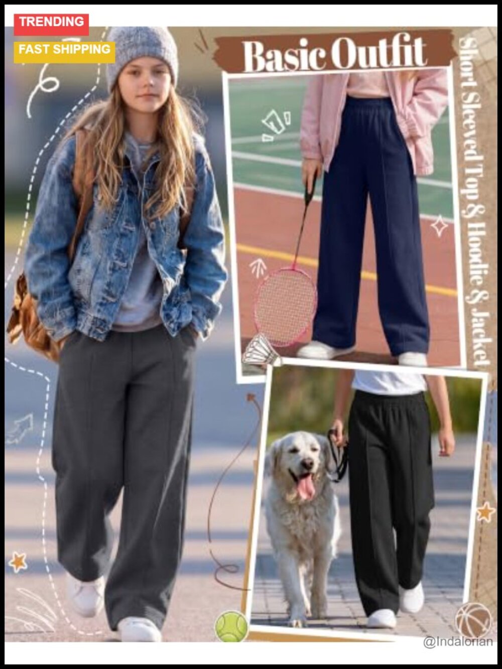 Girls Wide Leg Sweatpants 3 Pack 95% Polyester 5% Spandex Elastic Waist - Picture 3 of 5